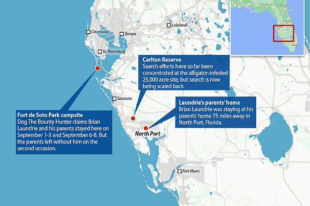 A map shows the Fort de Soto Park campsite's location, the Laundrie family home and the Carlton Reserve where authorities have focused their search and Laundrie's parents say he was headed