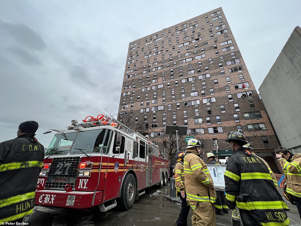 The five-alarm blaze erupted shortly before 11 am on the third floor of the 19-story building