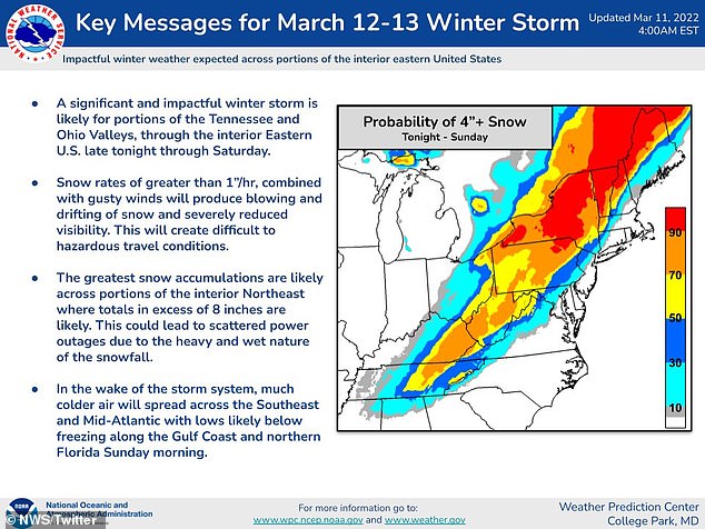 A reporter from earlier on Friday shows the area that will be impacted by the snow, stretching from northern Alabama and Mississippi, through the Tennessee and Ohio valleys and through the Northeast