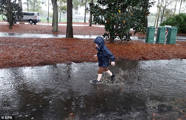 The NWS is reporting the possibility of 'heavy rain and possible flash flooding' for northern Florida and southeastern Georgia starting Friday night and 'waning' Saturday morning. Above, a child runs through a puddle in Ponte Vedra Beach, Florida on Friday