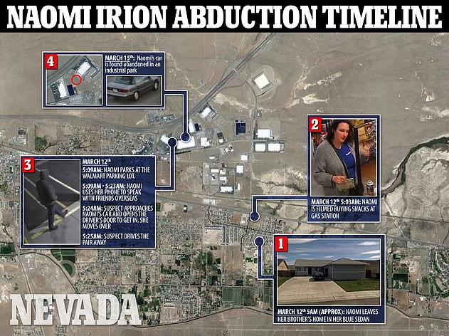 Irion was kidnapped on March 12 in Fernley, Nevada. Her remains were discovered on March 30 in Churchill County