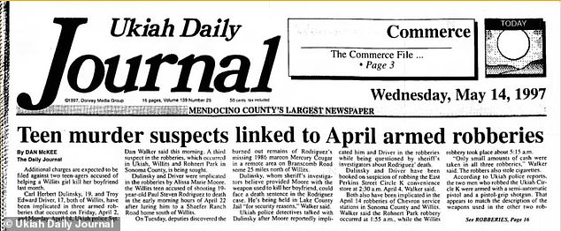 This article published in the Ukiah Daily Journal in 1997 recorded Driver's arrest in connection of a 19-year-old meth dealer's murder in California