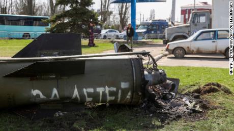 The words &quot;for children&quot; are seen written on the side of a missile laying near the Kramatorsk railway station. The video was shared to social media by Ukraine's President Zelensky shortly after the attack. CNN cannot confirm who wrote the words on the missile.