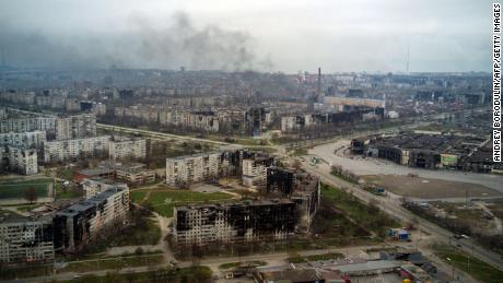 An aerial view taken on April 12, 2022, shows the city of Mariupol during Russia's military invasion launched on Ukraine.