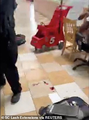 Blood could be seen on the floor in the wake of a shooting that injured 12 people at a South Carolina mall on Saturday