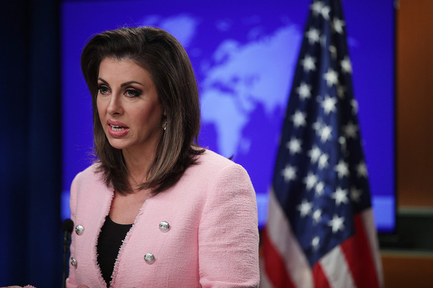Morgan Ortagus speaks during a media briefing at the State Department.