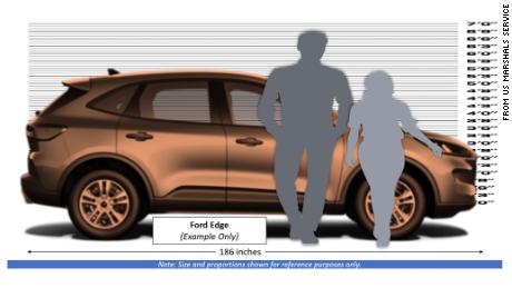 This rendering from the US Marshals Service shows the fugitives' height relative to the car they are believed to have escaped in.