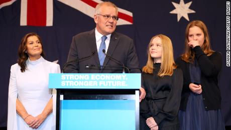 Scott Morrison, flanked by his wife and daughters as he concede defeat to Labor leader Anthony Albanese.