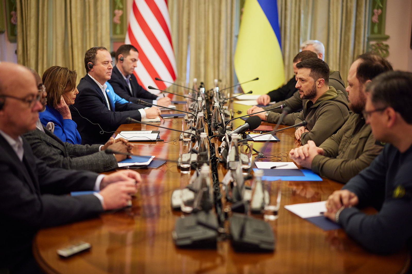 Ukrainian President Volodymyr Zelensky meets with US Speaker of the House Nancy Pelosi, Rep. Jim McGovern, Rep. Gregory Meeks and Rep. Adam Schiff during a visit on April 30, in Kyiv, Ukraine.